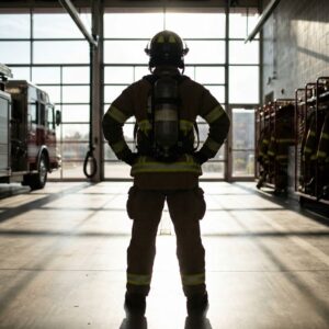 Firefighter in full turnout gear standing in a safe fire station environment.