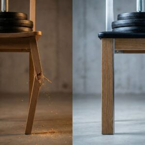 Conceptual comparison of a broken standard chair leg versus a sturdy heavy-duty leg.